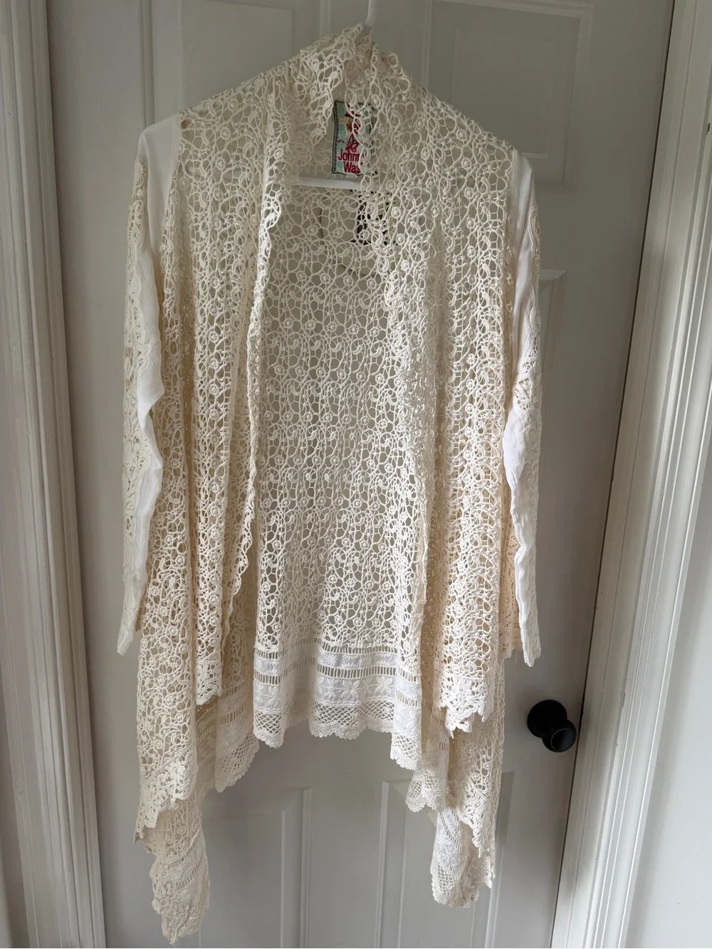 Johnny Was Ivory Crotchet and Silk Lace Open Front Cardigan Wrap Small